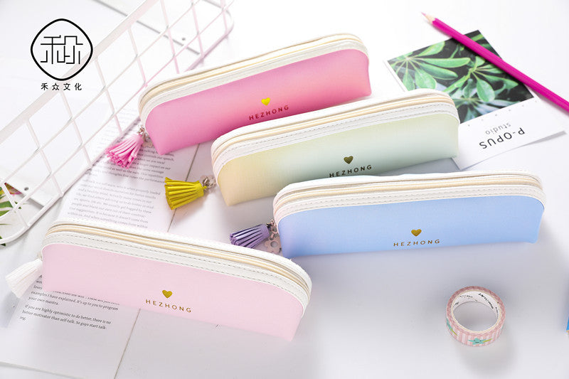 Wholesale Solid Color Pu Tassel Round Triangle Pencil Bag